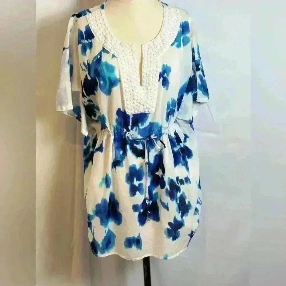 Michael Kors Beaded V-Neck White /Blue Blouse with draw string waist (L/XL)